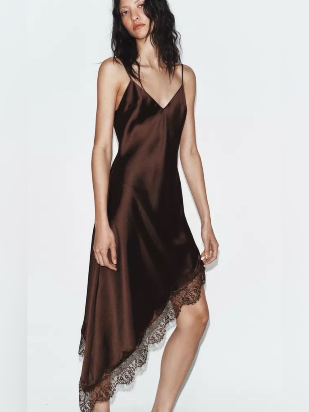 Zara Satin Lace Asymmetric Midi Dress Adjustable Straps V-Neckline Dark Brown La
